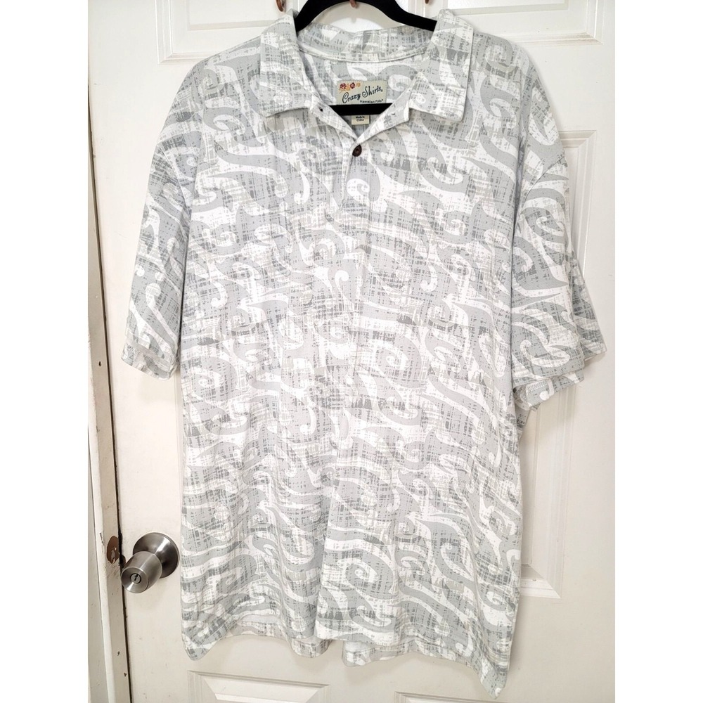 Crazy Shirts Men's Hawaiian Polo Tribal Wave Shirt Size XL Gray & White Abstract - Picture 2 of 9